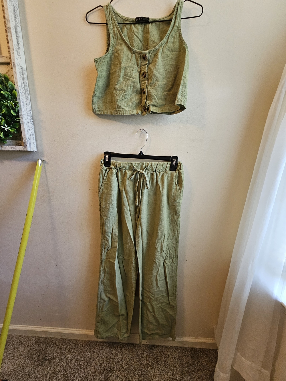 SHEIN Olive Green Linen-Blend Crop Tank & Wide-Leg Drawstring Pants Set